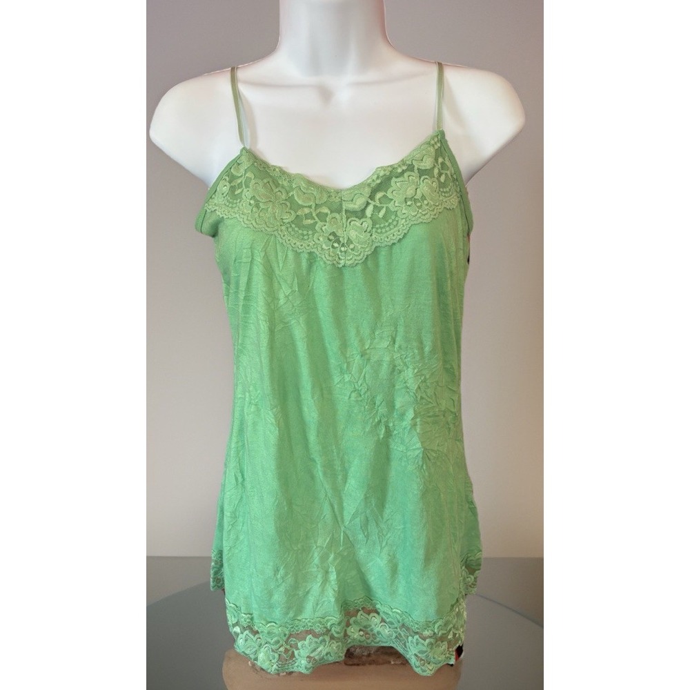 Vtg Y2K Green Crinkle Cami Top Lace Trim Women's M Baby Doll Bella Swan Coquette